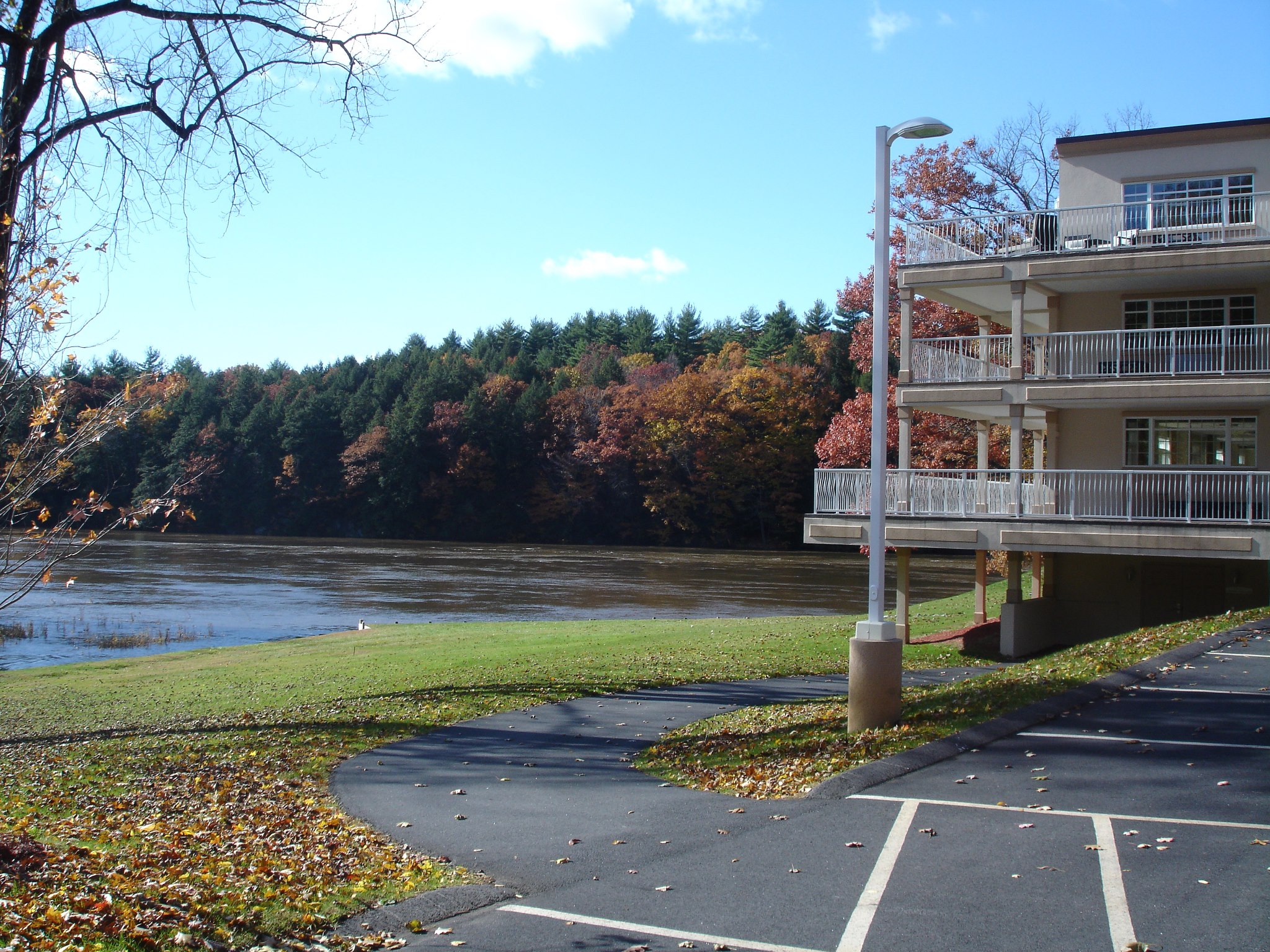 view of hotel balconies and river during fall time with orange and red leaves
