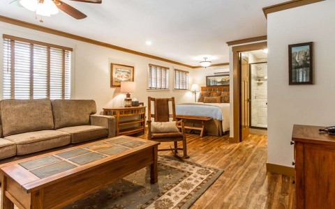 a rustic wood guest suite 