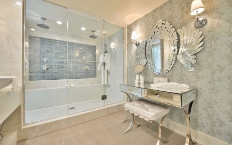 large shower and mirror vanity 
