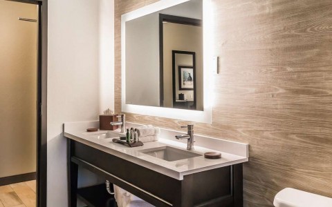 bathroom in guest room with double sink vanity