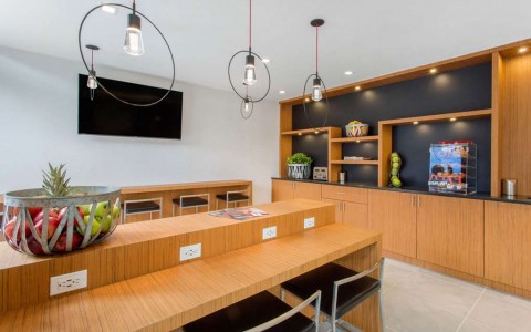 Breakfast area with seating and fruit