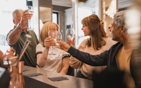 group of people toasting with wine glasses