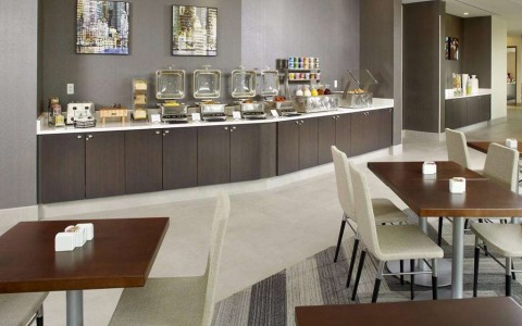breakfast buffet area with seating