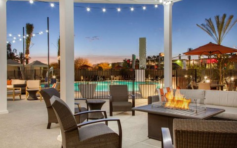Poolside patio with firepit