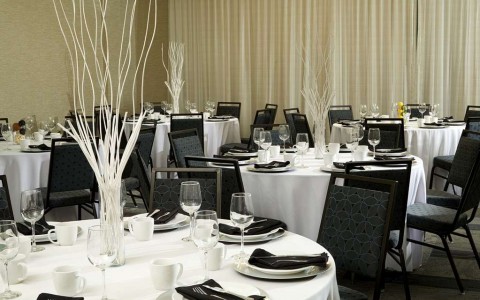 banquet tables set with place seating