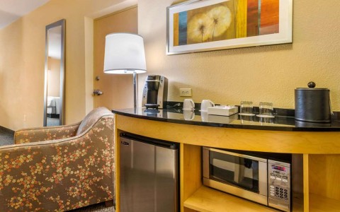 mini fridge, microwave and coffee maker in guest room
