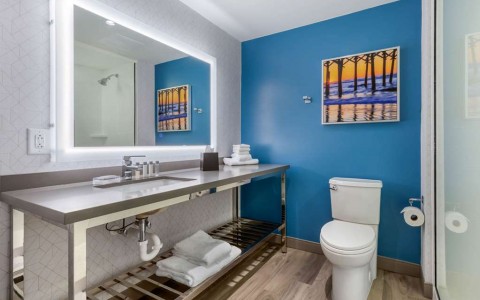 hotel bathroom sink with blue wall