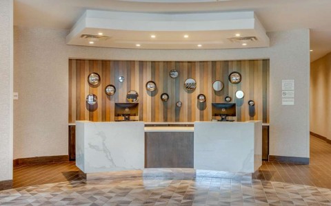 Front desk with white marble counters
