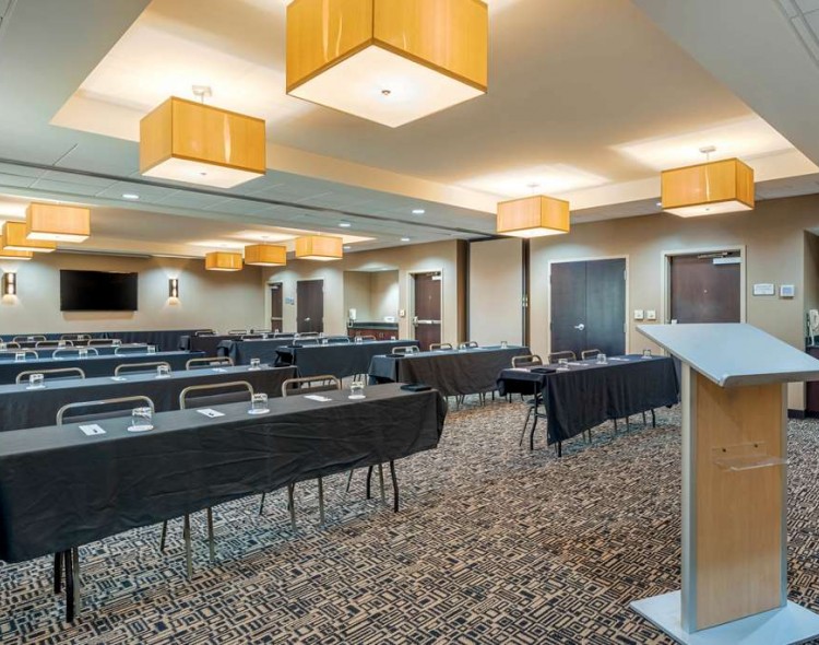 event space set up classroom style with rows of tables