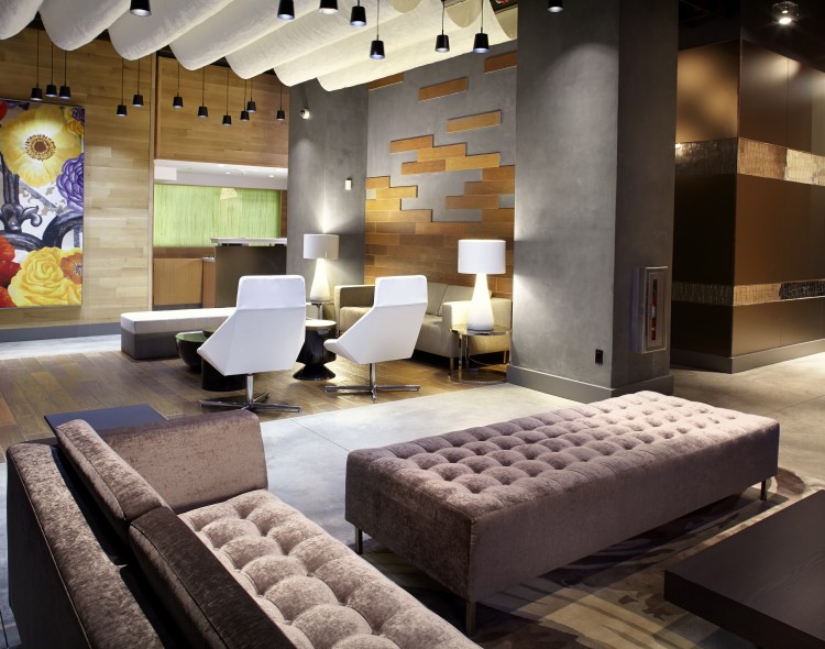 hotel lobby with large ottoman and seating