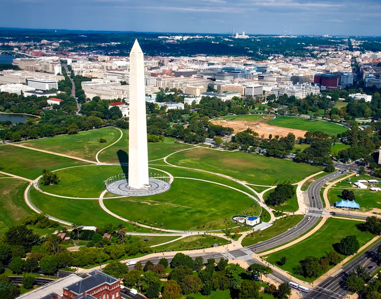 aerial view of washington monument and city