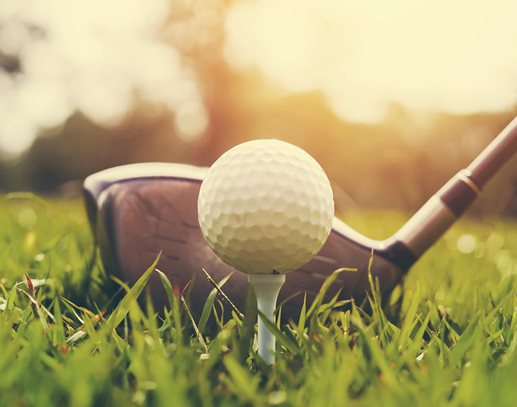 a golf ball and club on the grass