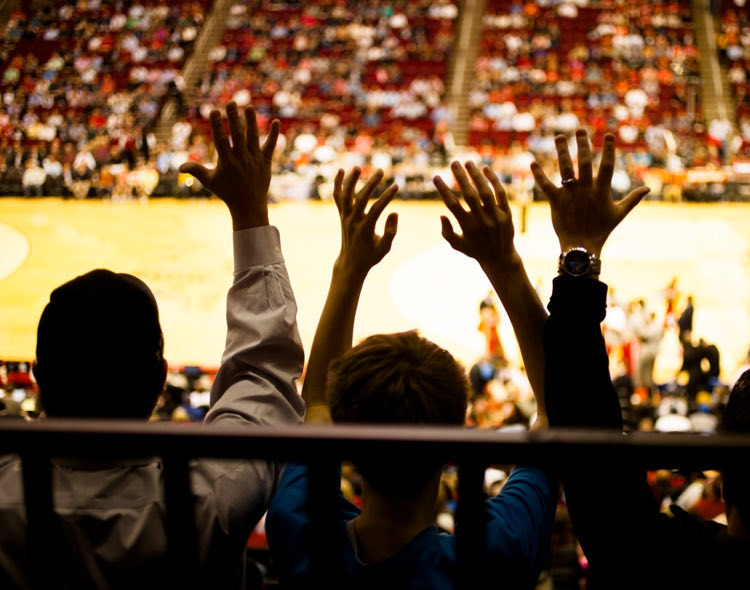 people in stadium with hands in the air