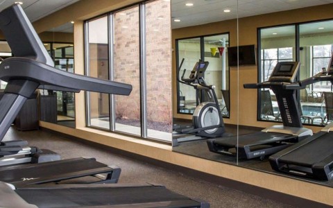 Fitness center with cardio equipment and treadmills in front of mirror