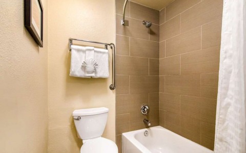Bathroom in guest room with toilet and tub