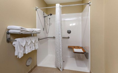 a bathroom with roll-in shower