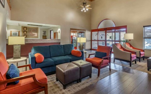 lobby with blue and orange furniture