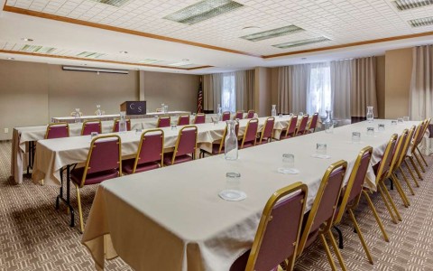 a conference room set for a business meeting