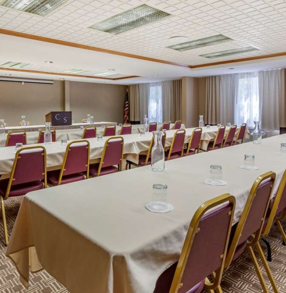 a conference room set for a business meeting