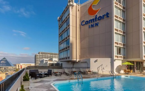 exterior of hotel building with comfort inn sign on it and a pool outside