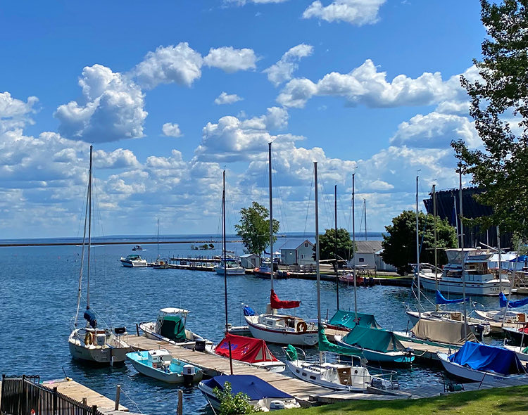 boats docked on a lake