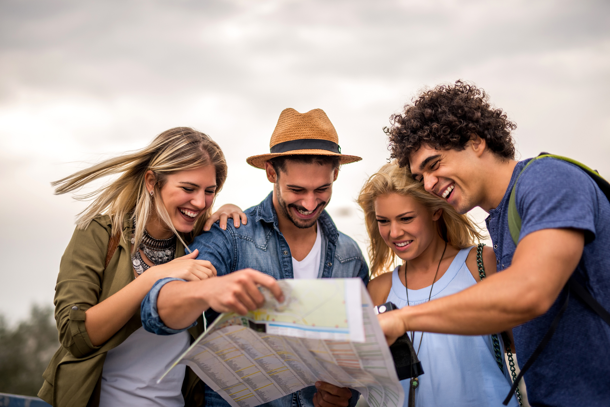 Friends looking at map