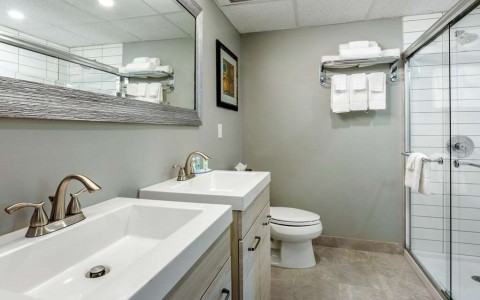 bathroom with double sinks and walk-in shower