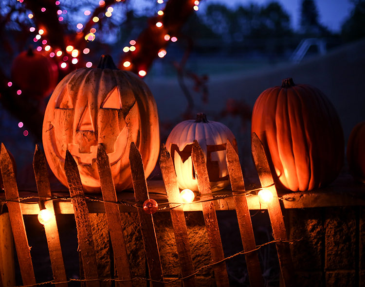 jack-o-lanterns lit up at night