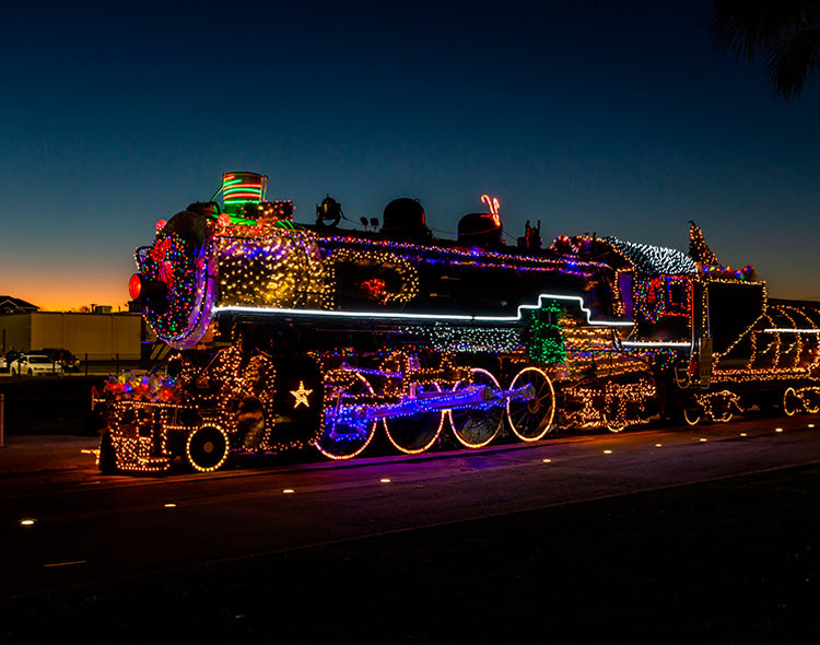 train with holiday lights on it at night