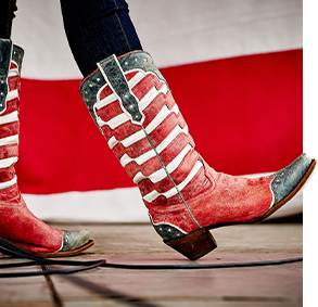 closeup view of cowboy boots in red, white and blue colors