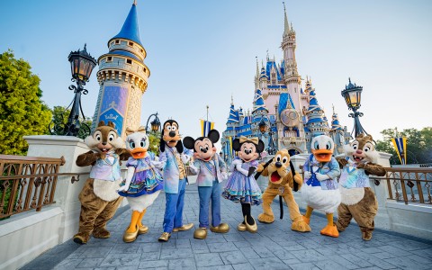 disney characters in front of castle