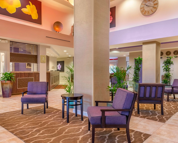 lobby of comfort suites maingate east with purple furniture
