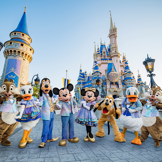 disney characters posing in front of castle
