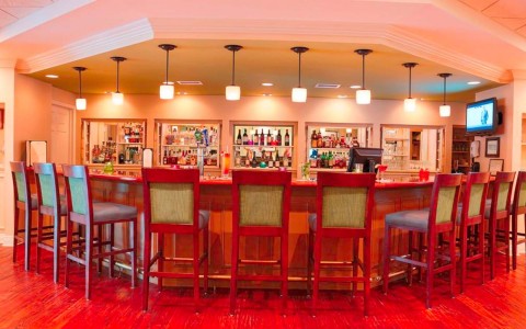 view of a elegant bar with features as a chairs, small tv on the wall and ceiling lights on