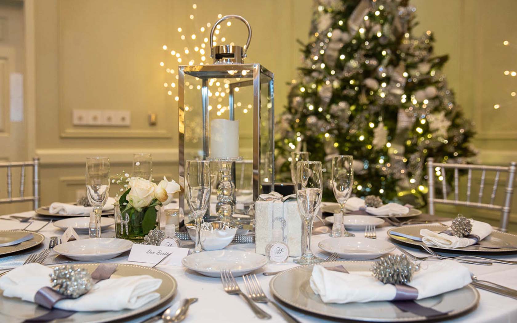 closeup view of a decorated table for an special event during december