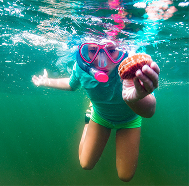 little girl wearing a green swimsuit showing a shell in her snorkeling 